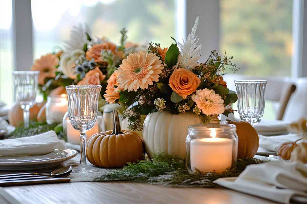 centrotavola autunnale con zucca e fiori