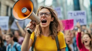 donna con megafono in protesta